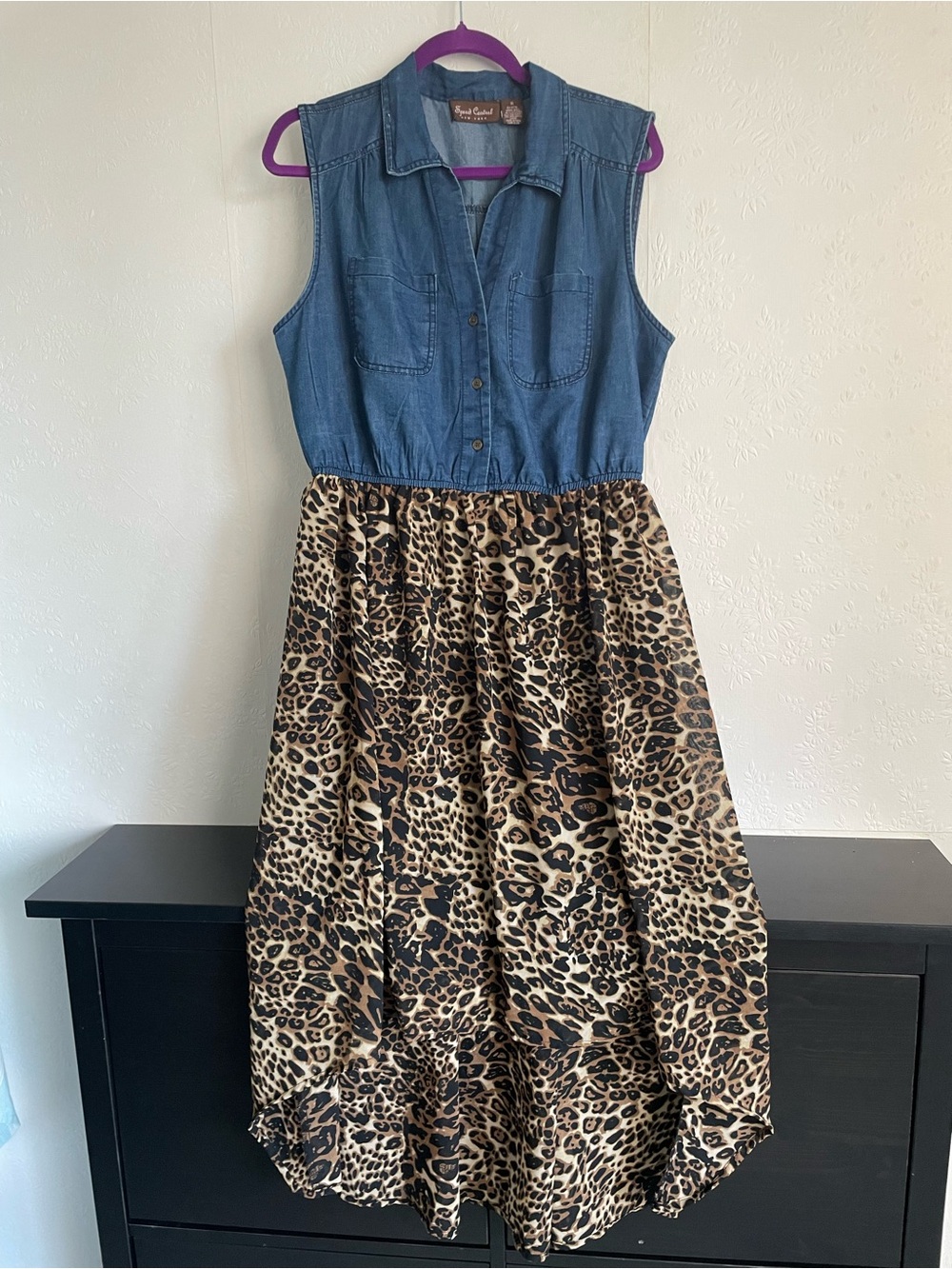 Speed Control Denim Bodice Leopard High-Low Dress - Blue and Brown